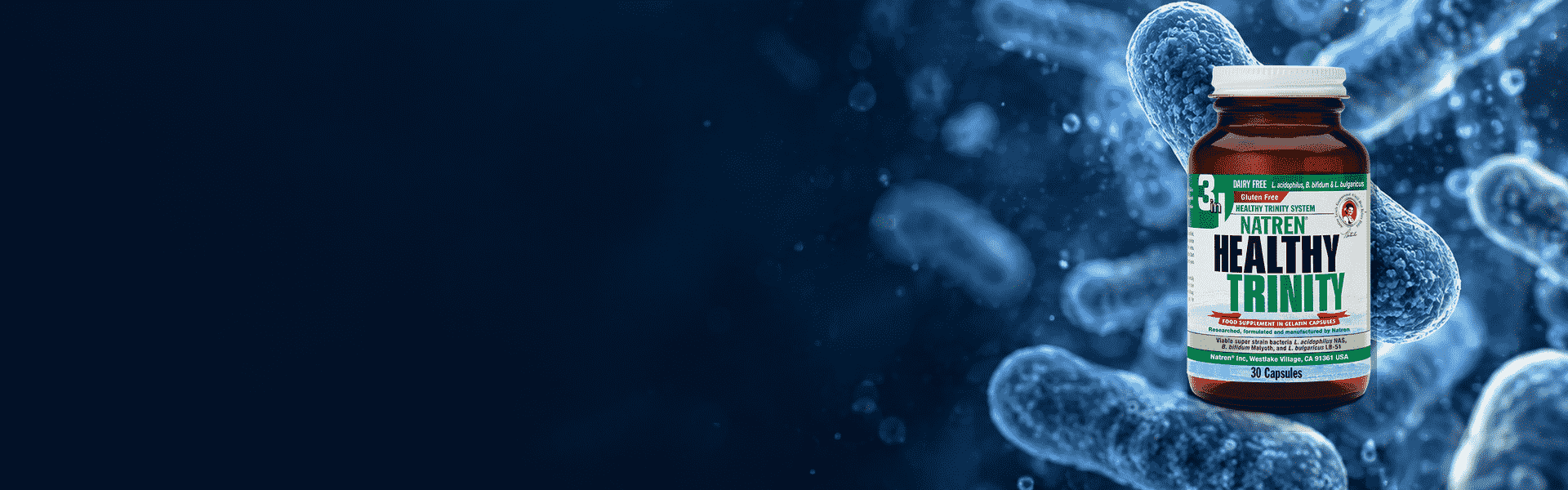 Natren Healthy Trinity vor blauem Hintergrund